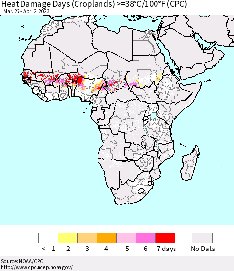 Africa Heat Damage Days (Croplands) >=38°C/100°F (CPC) Thematic Map For 3/27/2023 - 4/2/2023