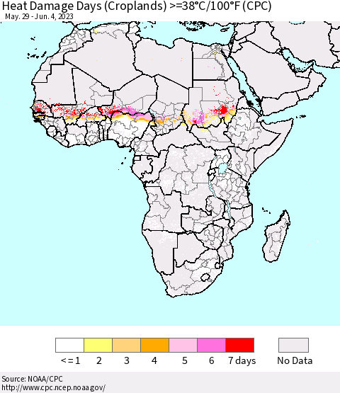 Africa Heat Damage Days (Croplands) >=38°C/100°F (CPC) Thematic Map For 5/29/2023 - 6/4/2023