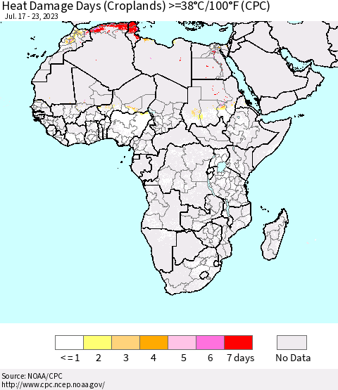 Africa Heat Damage Days (Croplands) >=38°C/100°F (CPC) Thematic Map For 7/17/2023 - 7/23/2023