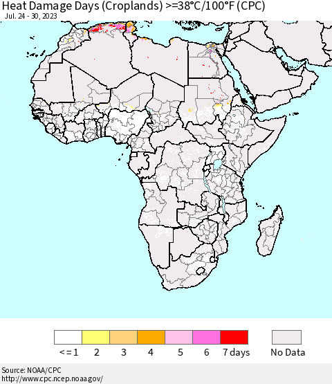 Africa Heat Damage Days (Croplands) >=38°C/100°F (CPC) Thematic Map For 7/24/2023 - 7/30/2023