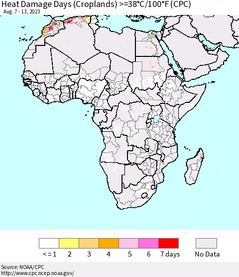 Africa Heat Damage Days (Croplands) >=38°C/100°F (CPC) Thematic Map For 8/7/2023 - 8/13/2023