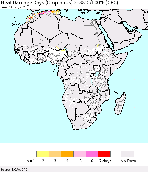Africa Heat Damage Days (Croplands) >=38°C/100°F (CPC) Thematic Map For 8/14/2023 - 8/20/2023