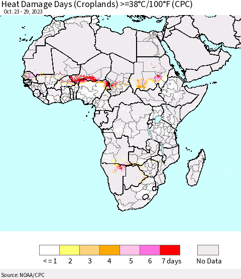 Africa Heat Damage Days (Croplands) >=38°C/100°F (CPC) Thematic Map For 10/23/2023 - 10/29/2023