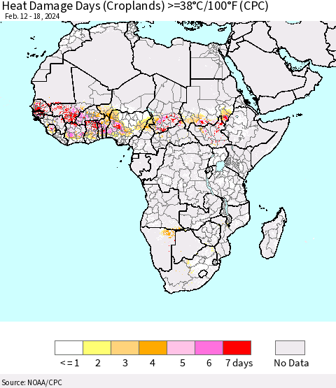 Africa Heat Damage Days (Croplands) >=38°C/100°F (CPC) Thematic Map For 2/12/2024 - 2/18/2024
