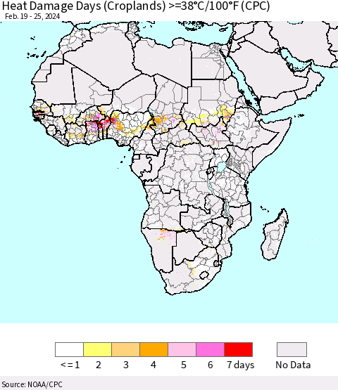 Africa Heat Damage Days (Croplands) >=38°C/100°F (CPC) Thematic Map For 2/19/2024 - 2/25/2024