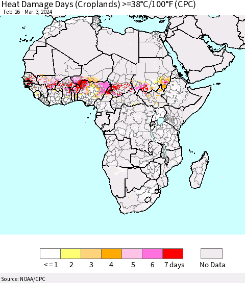 Africa Heat Damage Days (Croplands) >=38°C/100°F (CPC) Thematic Map For 2/26/2024 - 3/3/2024