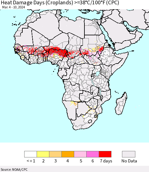 Africa Heat Damage Days (Croplands) >=38°C/100°F (CPC) Thematic Map For 3/4/2024 - 3/10/2024