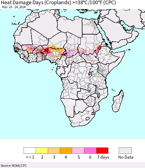 Africa Heat Damage Days (Croplands) >=38°C/100°F (CPC) Thematic Map For 3/18/2024 - 3/24/2024