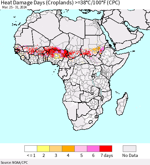 Africa Heat Damage Days (Croplands) >=38°C/100°F (CPC) Thematic Map For 3/25/2024 - 3/31/2024