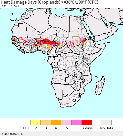 Africa Heat Damage Days (Croplands) >=38°C/100°F (CPC) Thematic Map For 4/1/2024 - 4/7/2024