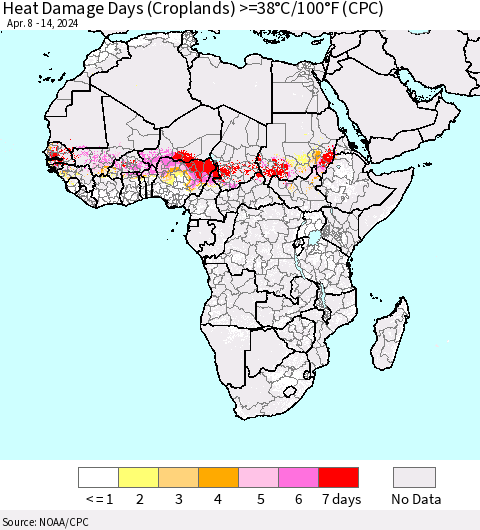 Africa Heat Damage Days (Croplands) >=38°C/100°F (CPC) Thematic Map For 4/8/2024 - 4/14/2024
