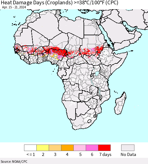 Africa Heat Damage Days (Croplands) >=38°C/100°F (CPC) Thematic Map For 4/15/2024 - 4/21/2024