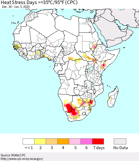 Africa Heat Stress Days >=35°C/95°F (CPC) Thematic Map For 12/30/2019 - 1/5/2020
