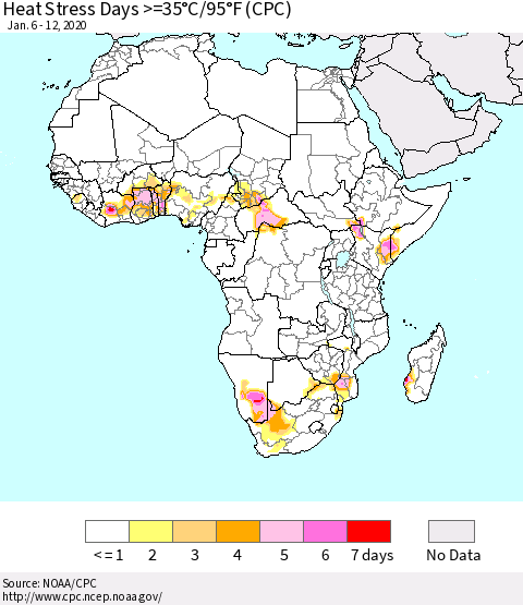 Africa Heat Stress Days >=35°C/95°F (CPC) Thematic Map For 1/6/2020 - 1/12/2020