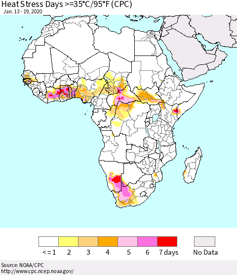 Africa Heat Stress Days >=35°C/95°F (CPC) Thematic Map For 1/13/2020 - 1/19/2020