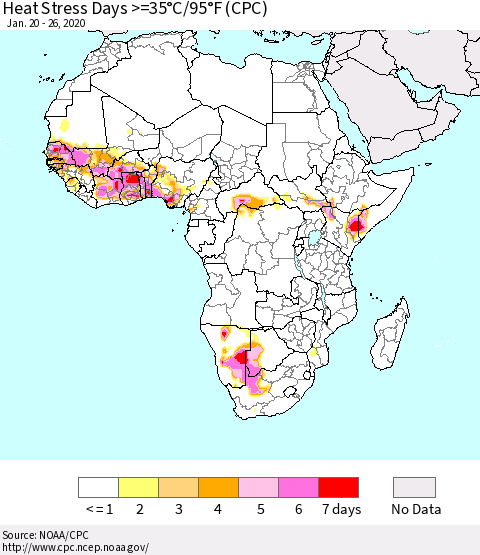 Africa Heat Stress Days >=35°C/95°F (CPC) Thematic Map For 1/20/2020 - 1/26/2020