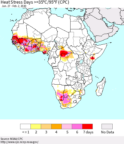 Africa Heat Stress Days >=35°C/95°F (CPC) Thematic Map For 1/27/2020 - 2/2/2020