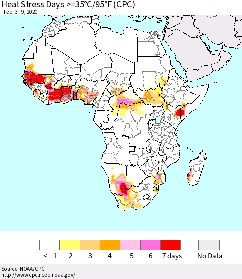Africa Heat Stress Days >=35°C/95°F (CPC) Thematic Map For 2/3/2020 - 2/9/2020