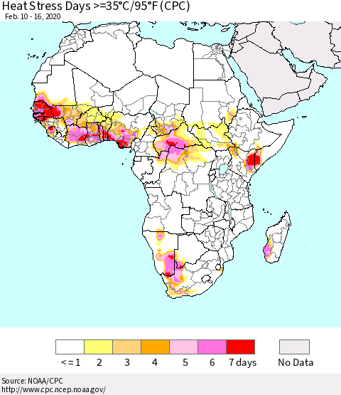 Africa Heat Stress Days >=35°C/95°F (CPC) Thematic Map For 2/10/2020 - 2/16/2020