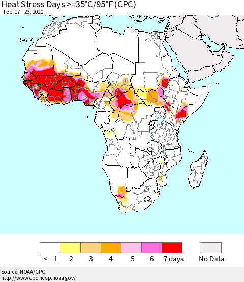 Africa Heat Stress Days >=35°C/95°F (CPC) Thematic Map For 2/17/2020 - 2/23/2020