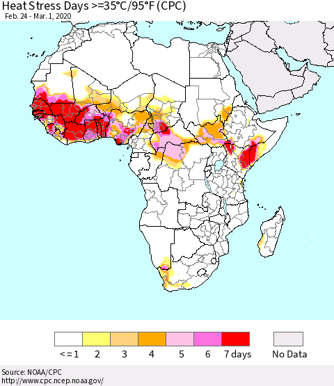 Africa Heat Stress Days >=35°C/95°F (CPC) Thematic Map For 2/24/2020 - 3/1/2020