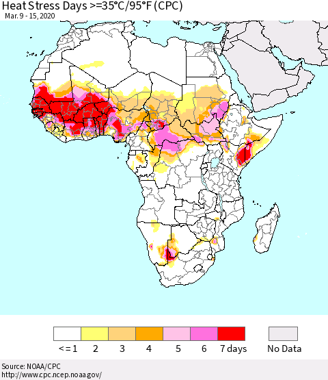 Africa Heat Stress Days >=35°C/95°F (CPC) Thematic Map For 3/9/2020 - 3/15/2020