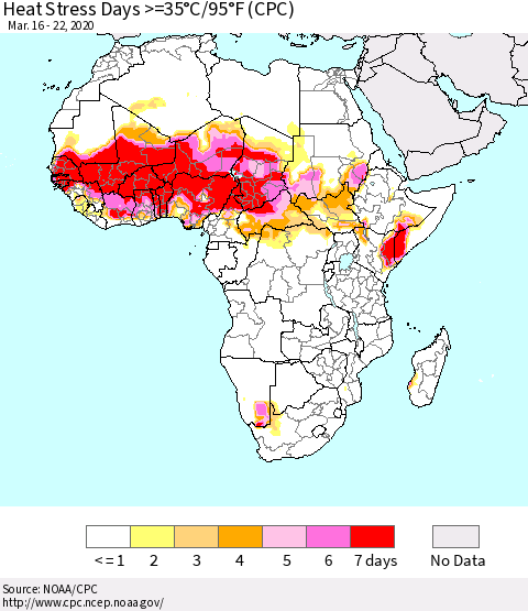 Africa Heat Stress Days >=35°C/95°F (CPC) Thematic Map For 3/16/2020 - 3/22/2020