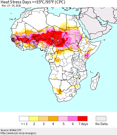 Africa Heat Stress Days >=35°C/95°F (CPC) Thematic Map For 3/23/2020 - 3/29/2020
