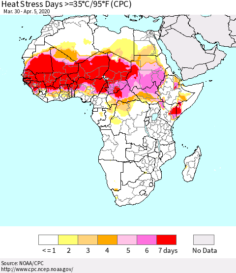 Africa Heat Stress Days >=35°C/95°F (CPC) Thematic Map For 3/30/2020 - 4/5/2020
