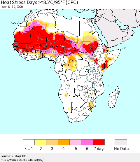 Africa Heat Stress Days >=35°C/95°F (CPC) Thematic Map For 4/6/2020 - 4/12/2020