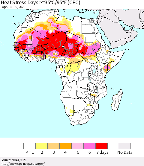 Africa Heat Stress Days >=35°C/95°F (CPC) Thematic Map For 4/13/2020 - 4/19/2020