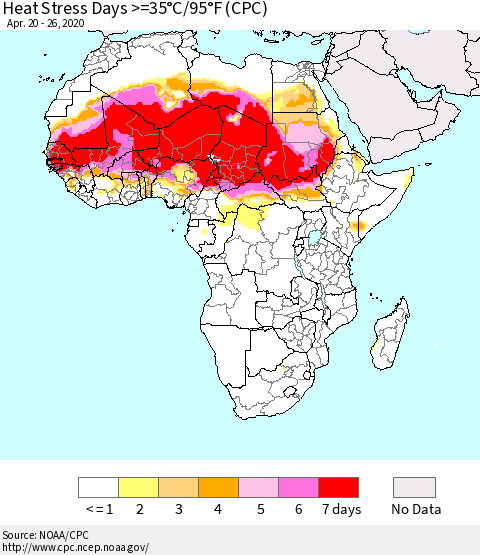 Africa Heat Stress Days >=35°C/95°F (CPC) Thematic Map For 4/20/2020 - 4/26/2020