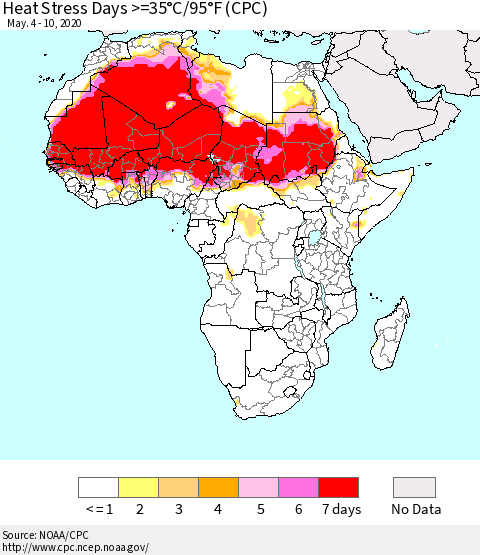 Africa Heat Stress Days >=35°C/95°F (CPC) Thematic Map For 5/4/2020 - 5/10/2020