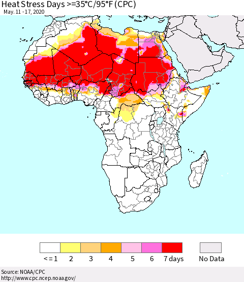 Africa Heat Stress Days >=35°C/95°F (CPC) Thematic Map For 5/11/2020 - 5/17/2020