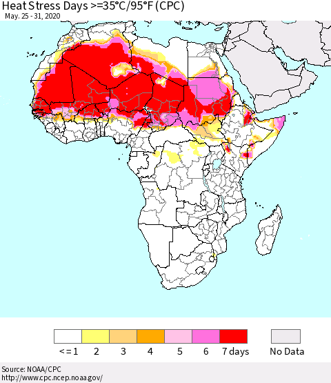 Africa Heat Stress Days >=35°C/95°F (CPC) Thematic Map For 5/25/2020 - 5/31/2020