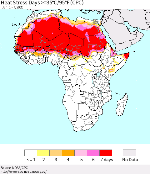 Africa Heat Stress Days >=35°C/95°F (CPC) Thematic Map For 6/1/2020 - 6/7/2020