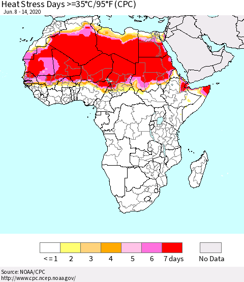 Africa Heat Stress Days >=35°C/95°F (CPC) Thematic Map For 6/8/2020 - 6/14/2020