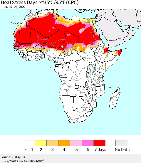 Africa Heat Stress Days >=35°C/95°F (CPC) Thematic Map For 6/15/2020 - 6/21/2020