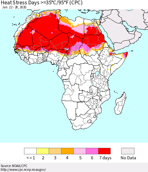 Africa Heat Stress Days >=35°C/95°F (CPC) Thematic Map For 6/22/2020 - 6/28/2020