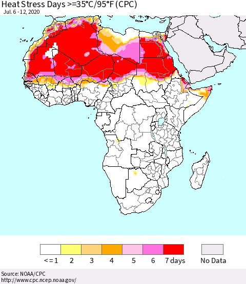 Africa Heat Stress Days >=35°C/95°F (CPC) Thematic Map For 7/6/2020 - 7/12/2020