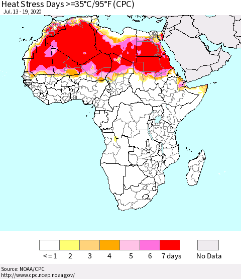 Africa Heat Stress Days >=35°C/95°F (CPC) Thematic Map For 7/13/2020 - 7/19/2020