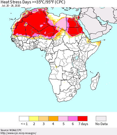 Africa Heat Stress Days >=35°C/95°F (CPC) Thematic Map For 7/20/2020 - 7/26/2020