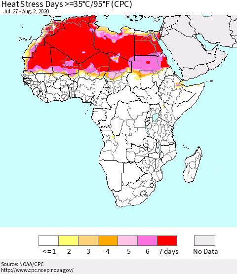 Africa Heat Stress Days >=35°C/95°F (CPC) Thematic Map For 7/27/2020 - 8/2/2020
