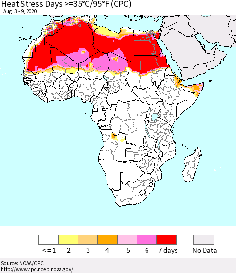 Africa Heat Stress Days >=35°C/95°F (CPC) Thematic Map For 8/3/2020 - 8/9/2020