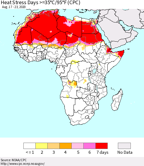 Africa Heat Stress Days >=35°C/95°F (CPC) Thematic Map For 8/17/2020 - 8/23/2020