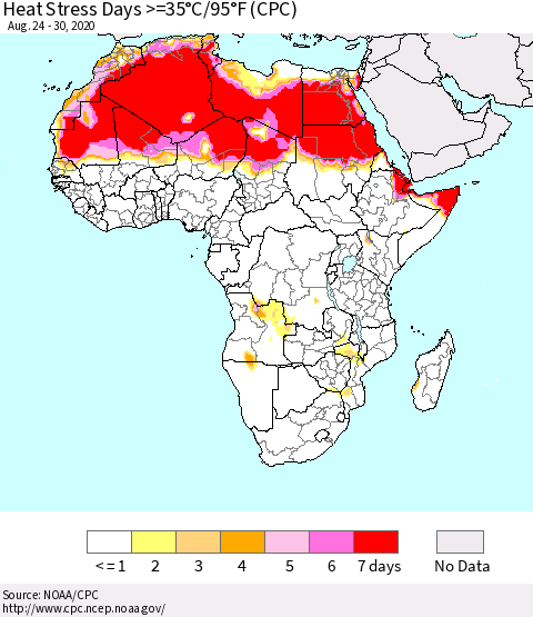 Africa Heat Stress Days >=35°C/95°F (CPC) Thematic Map For 8/24/2020 - 8/30/2020