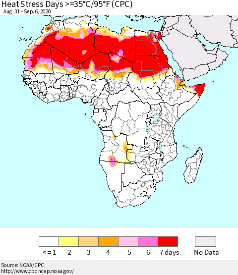 Africa Heat Stress Days >=35°C/95°F (CPC) Thematic Map For 8/31/2020 - 9/6/2020