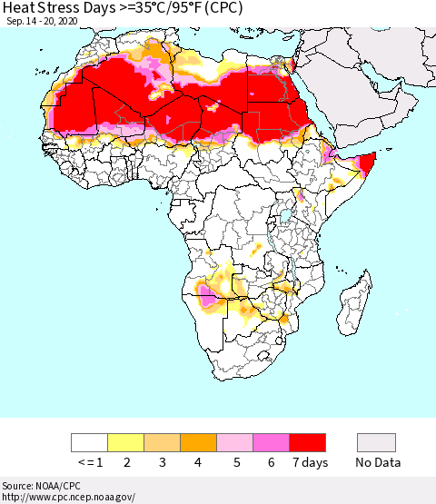 Africa Heat Stress Days >=35°C/95°F (CPC) Thematic Map For 9/14/2020 - 9/20/2020