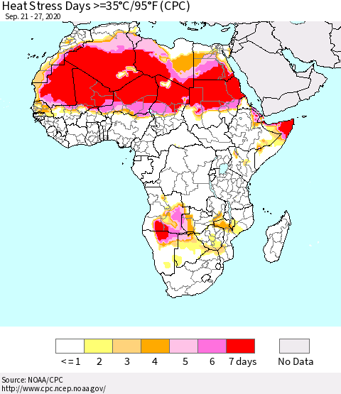Africa Heat Stress Days >=35°C/95°F (CPC) Thematic Map For 9/21/2020 - 9/27/2020