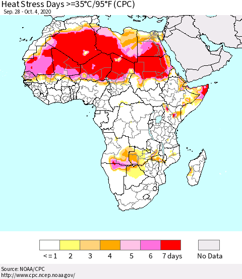 Africa Heat Stress Days >=35°C/95°F (CPC) Thematic Map For 9/28/2020 - 10/4/2020